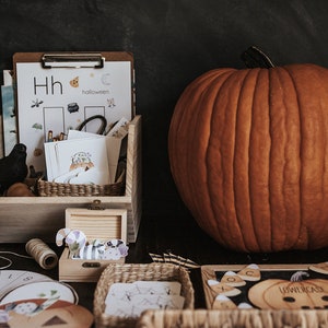 May include: A large orange pumpkin next to a wooden bin filled with Halloween-themed educational materials. The bin contains flashcards, a clipboard with a worksheet, and decorative items. A small wooden box and a basket are also visible.