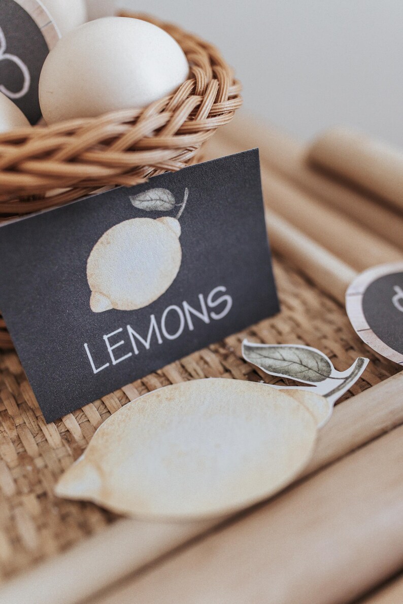 May include: A black card with the word "LEMONS" in white, and a watercolour illustration of a lemon. A wicker basket with eggs is in the background. A wooden dowel is in the foreground. A cut-out lemon is also visible.