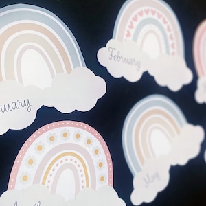 Regenboog Daisy Pastel verjaardagsdisplay | Verjaardagsgrafiek | Kleuterschool | Schoolprikbord | Verjaardagskaart