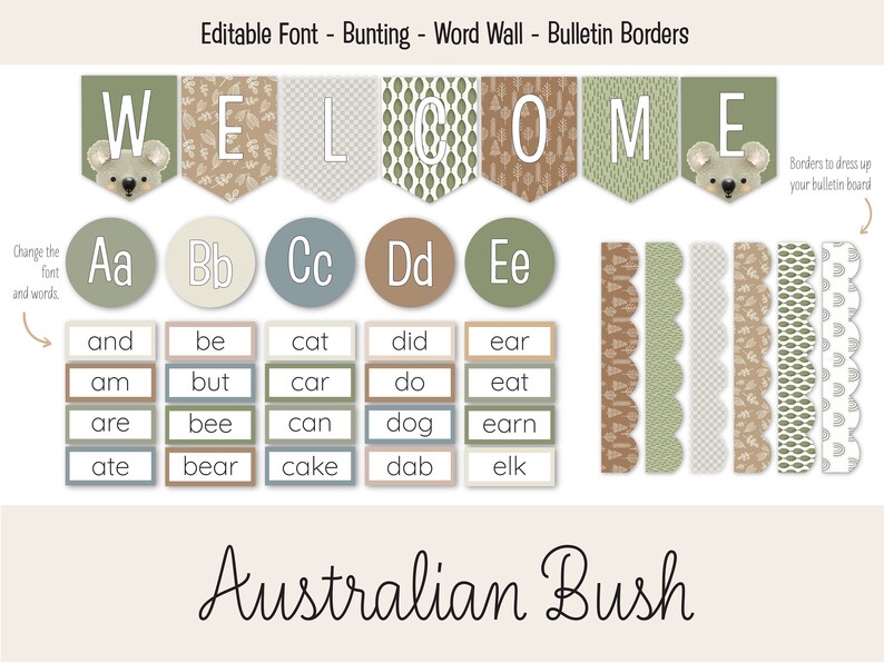 May include: A set of printable classroom decor featuring an Australian bush theme. The set includes a welcome banner, alphabet circles, word wall cards, and bulletin board borders. The colors are green, brown, and beige.