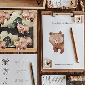 May include: A set of educational flashcards for children featuring images of animals, insects, and words. The cards are printed on white cardstock with brown ink. The cards are arranged on a wooden table with other learning materials.