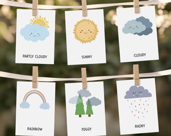 14 Weather Cards | Montessori flashcards | Preschool Cards | Rainbow Educational Printable Cards | Instant Download Weather Flashcards Kids