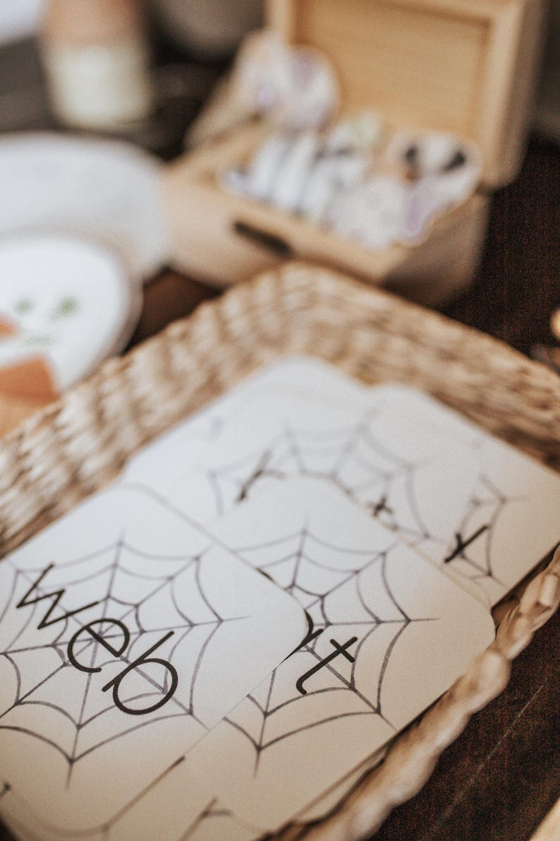 May include: A stack of cream-colored cards with a black spiderweb design and the word "web" printed on them. The cards are in a woven basket, with other items in the background.