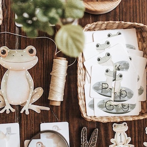 May include: A collection of educational materials featuring a frog theme. Includes a large frog cutout, flashcards with frog illustrations and the letters "P" and "G", and frog-shaped number cutouts. A spool of twine and a woven basket are also present.