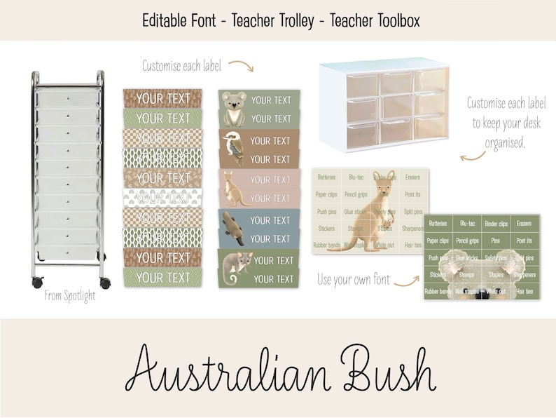 May include: A set of printable labels featuring Australian animals like a koala, kangaroo, and echidna. The labels are designed for a teacher's trolley or toolbox and can be customized with text. The labels have a green, brown, and beige color scheme.