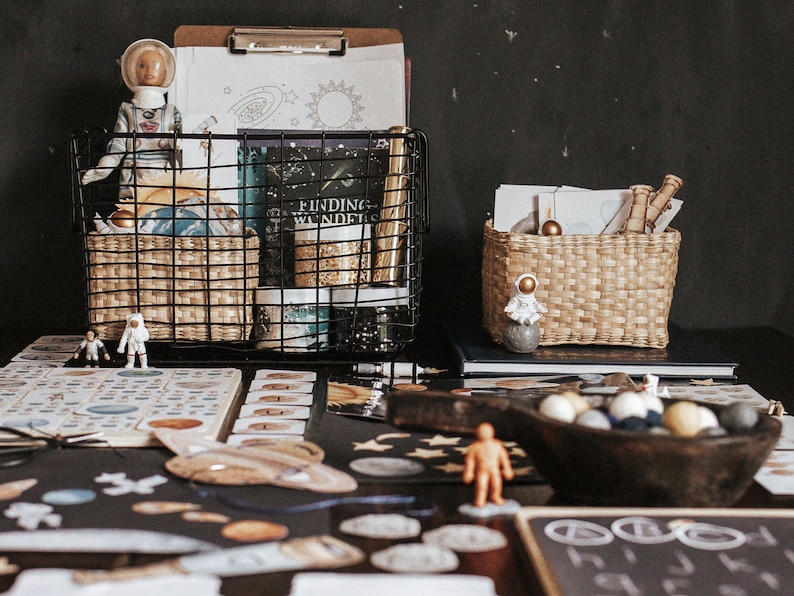 May include: A black wire basket filled with space-themed toys and learning materials, including an astronaut figurine, a book titled "Finding Wonders", and a globe. The basket is on a table with other space-themed toys, including a wooden bowl filled with colorful balls, a black chalkboard with white circles, and a set of cards.