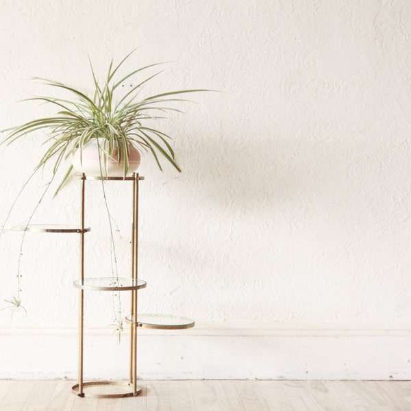 Mid Century Plant Stand Brass + Glass