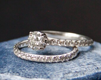 Round Brilliant Diamond + White Gold: Engagement Ring and Wedding Band Bridal Set, Size 7