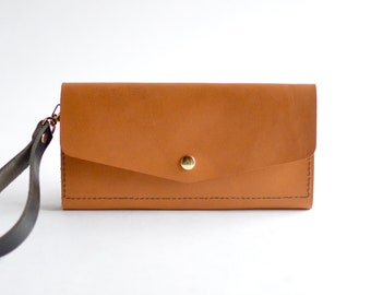 Embrague de cartera de pulsera - Cuero marrón miel - Cartera de viaje para mujer - Cartera de embrague de cuero - Monedero de embrague de cuero - Embrague de pulsera para mujer
