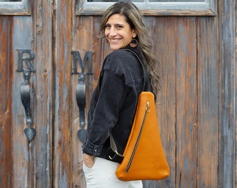 Triangle Sling Bag - Honey Leather - Structured Leather Sling Bag For Women Travel - Women Leather Purse - Crossbody Bag Great Gift for Her