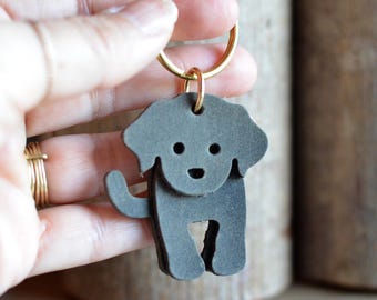 May include: A gray leather dog-shaped keychain with a gold-colored ring. The dog has a layered design with a small tail and cut-out legs. The keychain is held up by a hand.