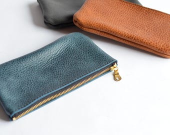 Full-Grain Leather Zipper Pouch: 8 inch, YKK Brass Zipper, Passport Pouch