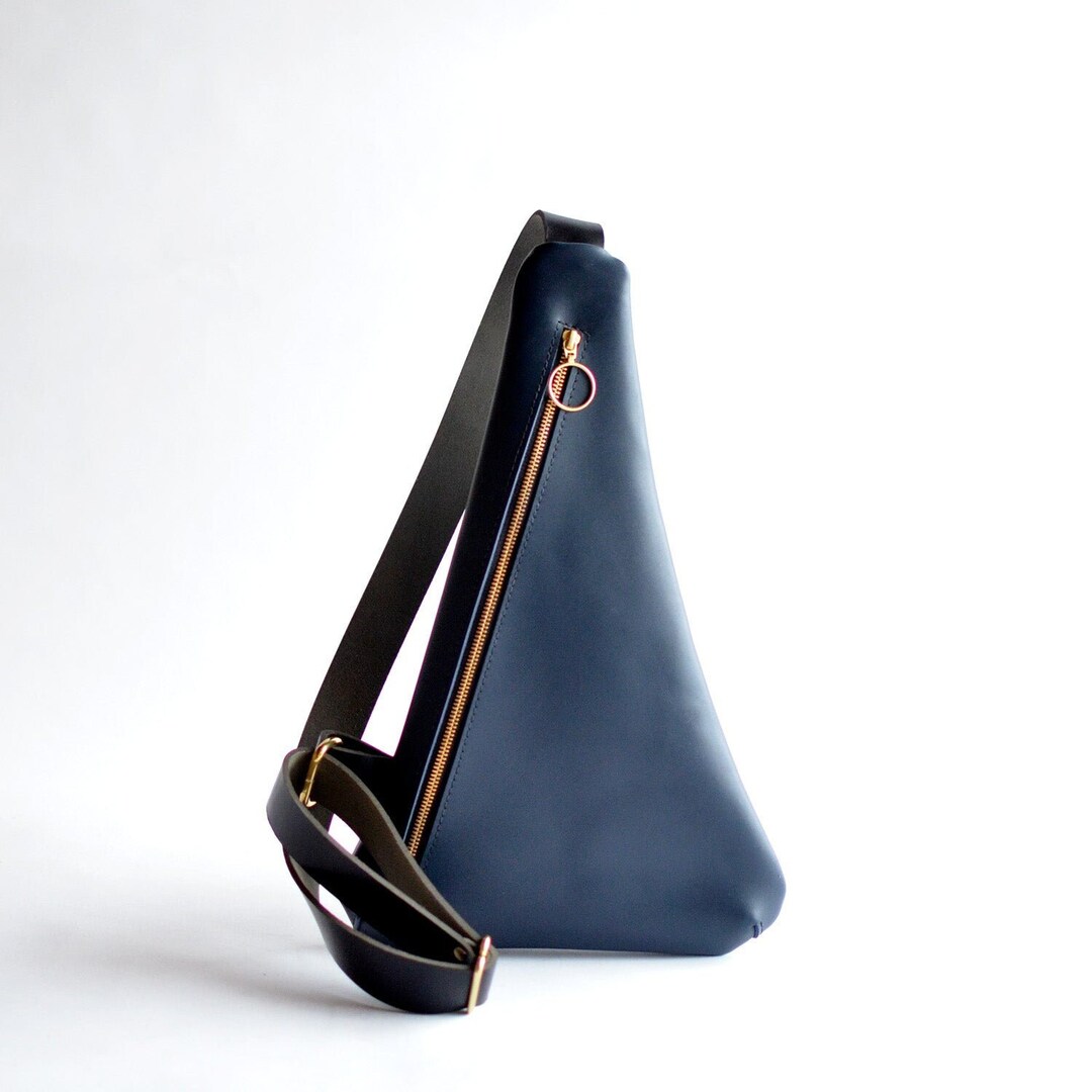 Triangle Sling Bag Navy Blue Leather Leather Sling Bag for Women Travel