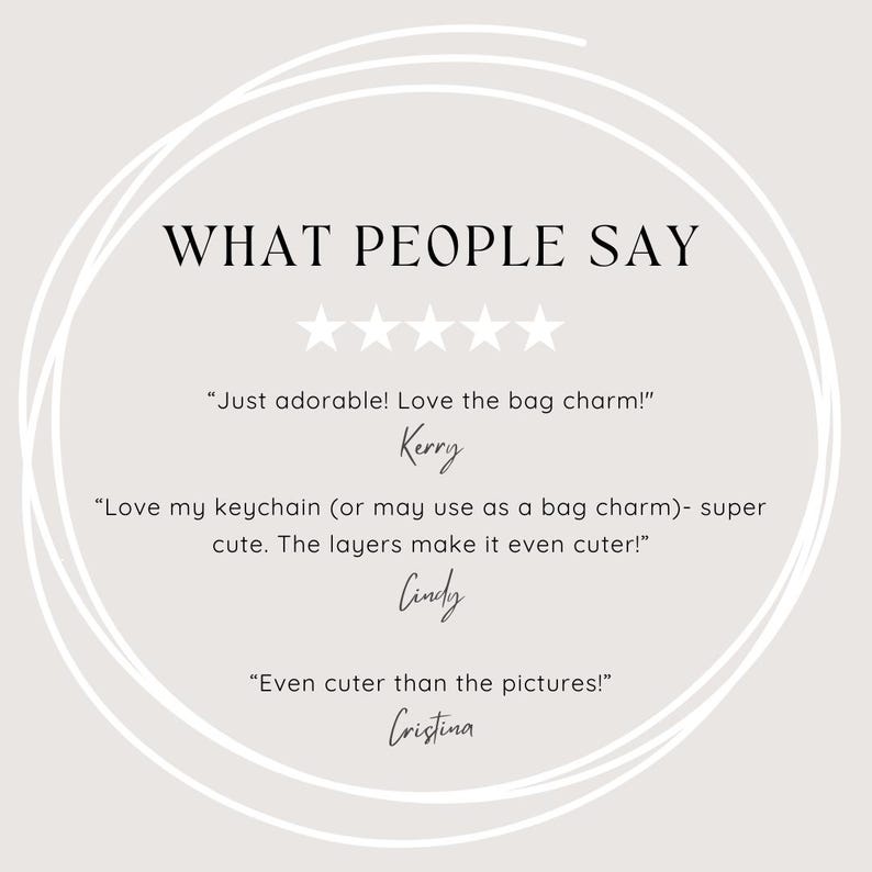 May include: A light beige graphic with the text "WHAT PEOPLE SAY" above five stars. Below are three customer reviews: "Just adorable! Love the bag charm!" by Kerry, "Love my keychain...super cute" by Cindy, and "Even cuter than the pictures!" by Cristina.