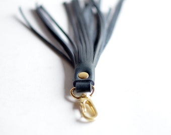 Fringe Leather Key Clip / Tassel Keychain - Navy Blue Leather - brass hardware