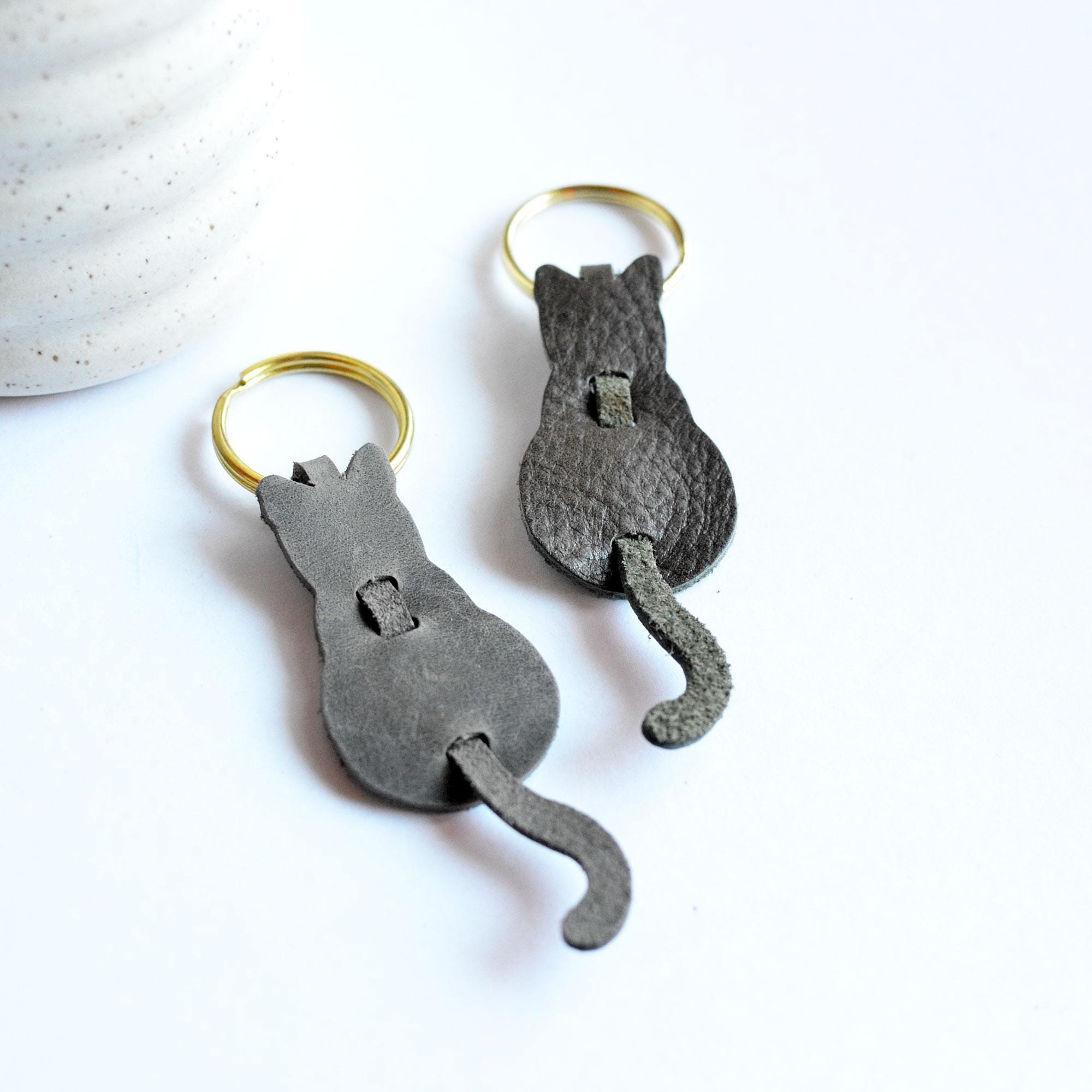 Cat Leather Key Ring - Cat Key Chain - Black Cat Keychain