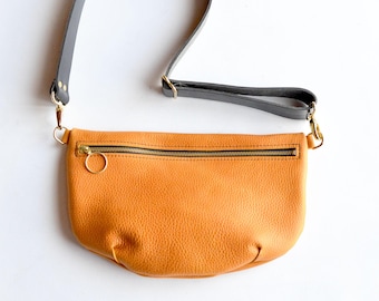 LOLA Sling Bag - Short Crossbody - Pebbled Amber Leather - Hands Free Leather Bag - Leather Sling Bag