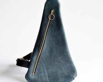 Triangle Sling Bag - Soft Pebbled Navy Blue Slouchy Leather - Leather Sling Bag For Women Travel - Man Bag - Crossbody Bag Gift for Her