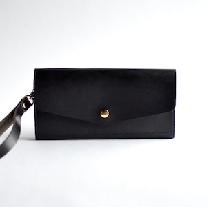 Black Leather Wristlet Wallet Clutch: Removable Strap, Travel Purse