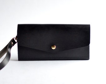 Black Leather Wristlet Wallet Clutch: Removable Strap, Travel Purse