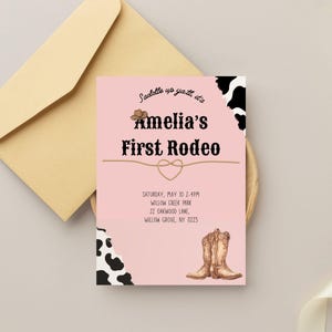 Mijn eerste rodeo | Roze cowgirl-verjaardagsuitnodiging | Ontwerp voor- en achterkant | Western 1e verjaardag | Afdrukbare canvassjabloon