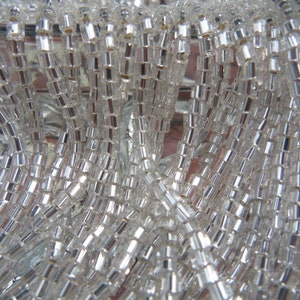 May include: Close-up of a silver-colored beaded fringe. The beads are small and rectangular, creating a shimmering effect.