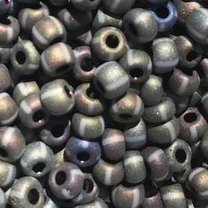 Size 6/0 Pony or E Bead Opaque Matte GREY/BLUE Stripe AB Preciosa Czech Glass Seed Beads-Rocailles-4mm Rounds--20grams-Jewelry Supplies