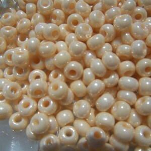 May include: A close-up of a pile of small, round, off-white beads with a pearlescent finish. The beads have a hole in the center for stringing.