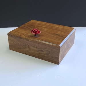 Handcrafted Walnut Keepsake Box: Large Wood Memory Box with Rose Handle