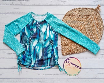 Girls' Swim Rashie Top - Teal Warrior Feathers