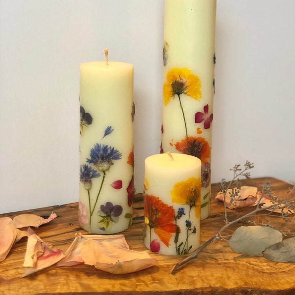 Ivory Wildflower Hand-pressed Pillar Candle Set, gift, mothers day, valentines day, special occasion