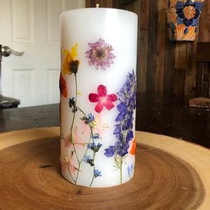 Single Hand-Pressed Dried Wildflower Pillar Candle