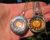 Gift for Her SUN MOON colorful glass dome cabochon on Forget-Me-Not Silver LOCKET or just pendant w. chain Choice of 2 patterns