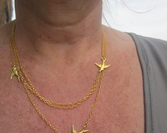 20% Discount! My 3 strands chain/necklace w. 3 Flying BIRDS SWALLOW: extra feminine, delicate & dainty!