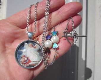 15% Discount! New Collection! Glass CAMEO cabochon pendant & ornated chain: Guardian ANGEL protecting children