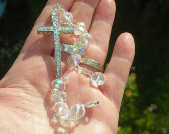 DECADE ROSARY BRACELET w. large rhinestone cross & aurora borealis swarosvki crystal beads and medals charms