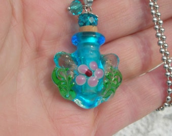 Valentine/Mother GIFT for Her! HEART puffy shape glass Lampwork blue aqua Ocean Bottle- Vial pendant w. FLORAL & silver ball chain