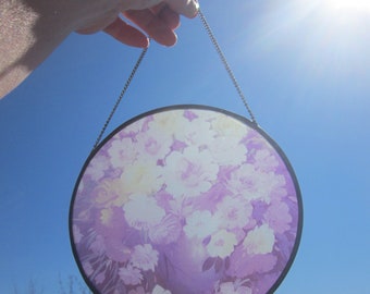 20% Discount! Vintage FLORAL false stained glass & SUNCATCHER, Glass Wall and Window Art Hanging round panel : 4 Choices.