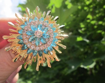 Gift Idea for Her! 15% Discount! Splendid bright 18KGP GOLD P. SUNFLOWER You are my Sunshine brooch w. marquise shape blue CRYSTALS.