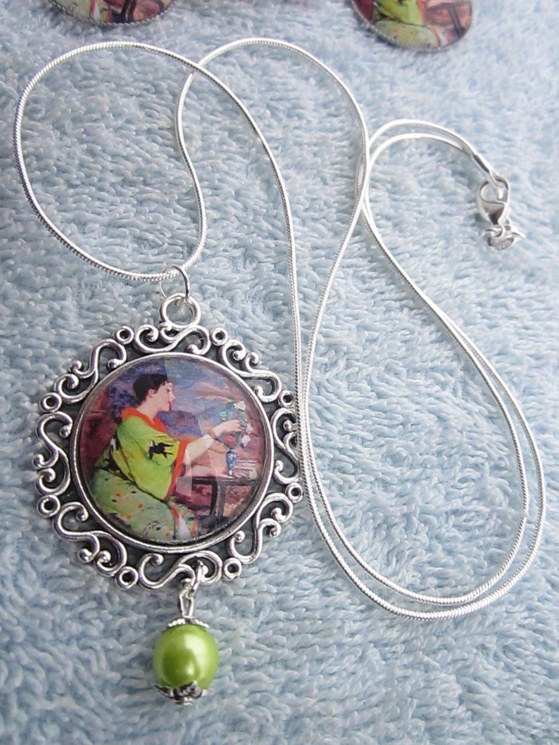 2 choices! Geisha printed image under glass round dome cabochon pendant w matched earrings fx Pearl /& 925 chain w