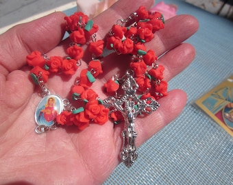 Religious Gift for Mother! Virgin Mary red rose Gift Handmade standard ROSARY w. red carved polymer clay rosette!