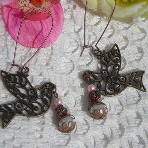 Clearance Sale EASTER DOVE PEACE openwork filigree long earrings w capped fx Pearl dangling image 4