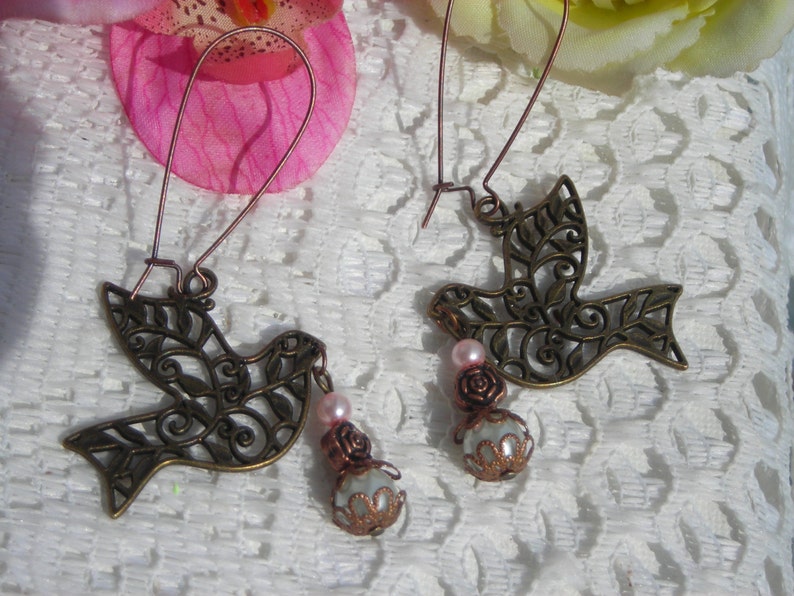 Clearance Sale EASTER DOVE PEACE openwork filigree long earrings w capped fx Pearl dangling image 4