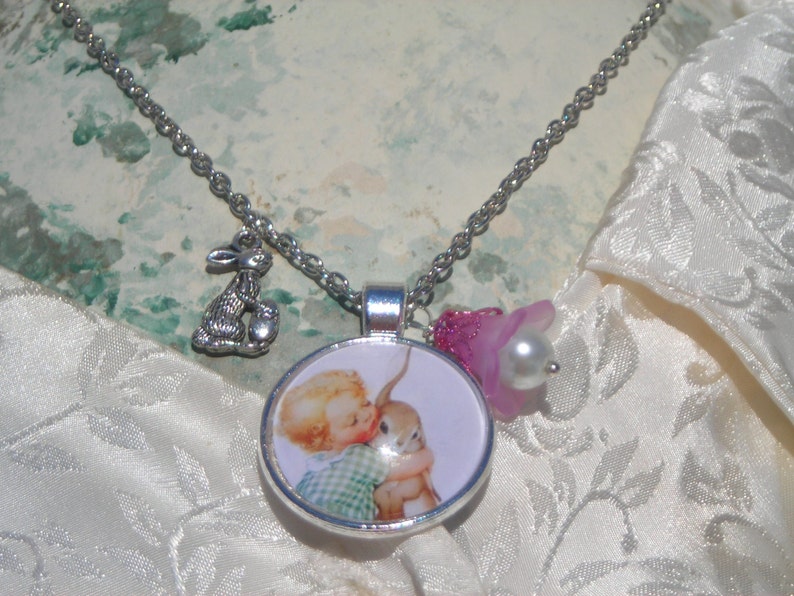 chain w rabbit charm and LILY charm EASTER Girl hugging RABBIT glass dome pendant /& silver t