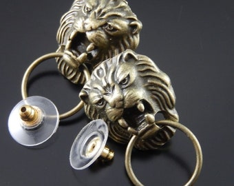 Gift for Her! August Zodiac Sign! Gorgeous LION head door knocker brass post/stud earrings !