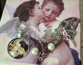 Sale! New Collection! Glass CAMEO cabochon pendant & ornated chain: Guardian ANGEL over a child bed