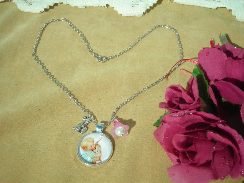 chain w rabbit charm and LILY charm EASTER Girl hugging RABBIT glass dome pendant /& silver t