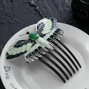 20% DISCOUNT! Gift for Her!  Rose's Green Enamel BUTTERFLY large  Haircomb: Hard to find!