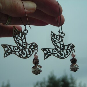 Clearance Sale EASTER DOVE PEACE openwork filigree long earrings w capped fx Pearl dangling image 3