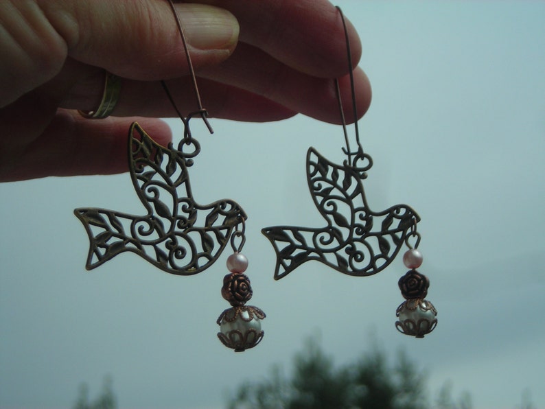 Clearance Sale EASTER DOVE PEACE openwork filigree long earrings w capped fx Pearl dangling image 3